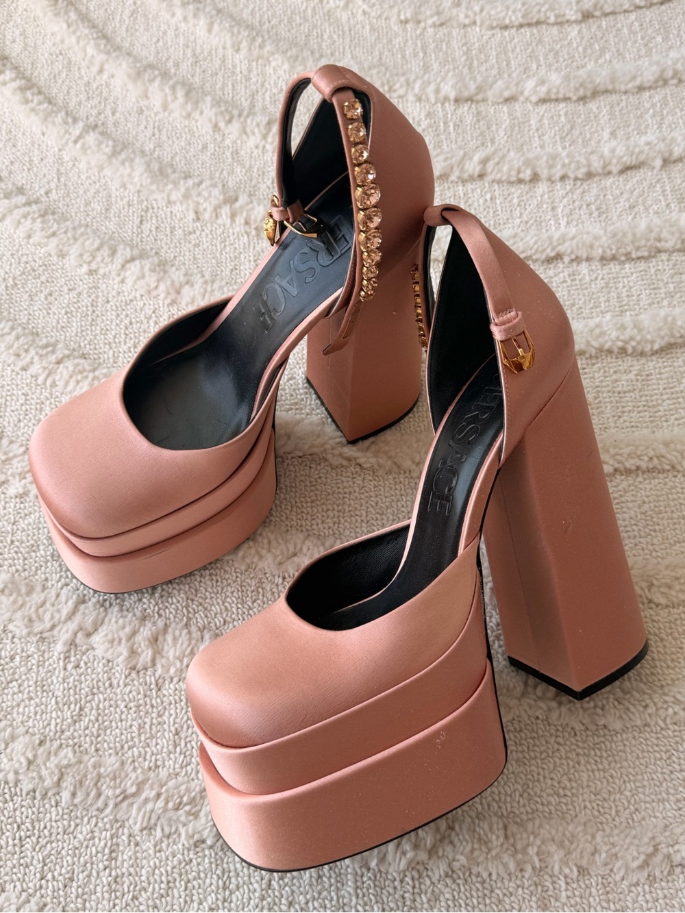 Versace Dusty Rose Satin Platform Block Heels with Crystal-Ankle Strap / Size 40